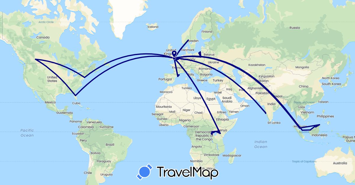 TravelMap itinerary: driving in Belgium, Canada, Spain, France, United Kingdom, India, Kenya, Malaysia, Norway, Poland, Russia, Rwanda, Singapore, Uganda, United States (Africa, Asia, Europe, North America)